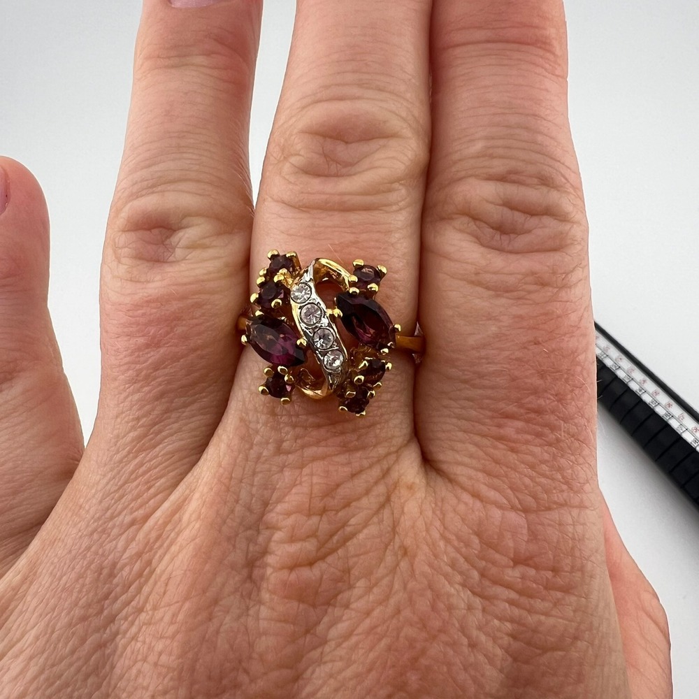 Vintage 14K HGE Purple & Clear Cluster Cocktail‎ Ring Size 8 Costume Jewelry